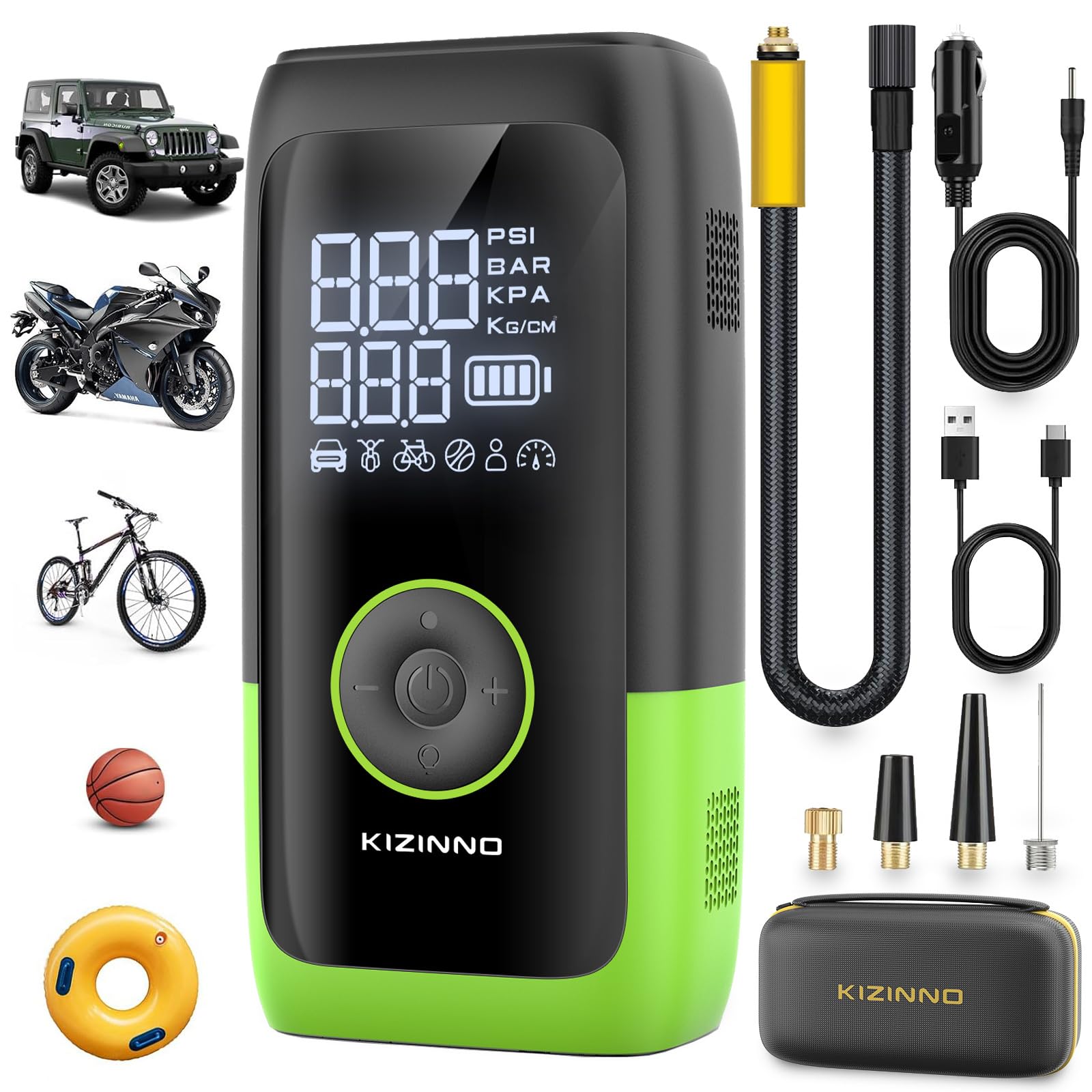 Compresor de aire inalámbrico - Inflador de neumáticos de doble cilindro, 12000 mAh