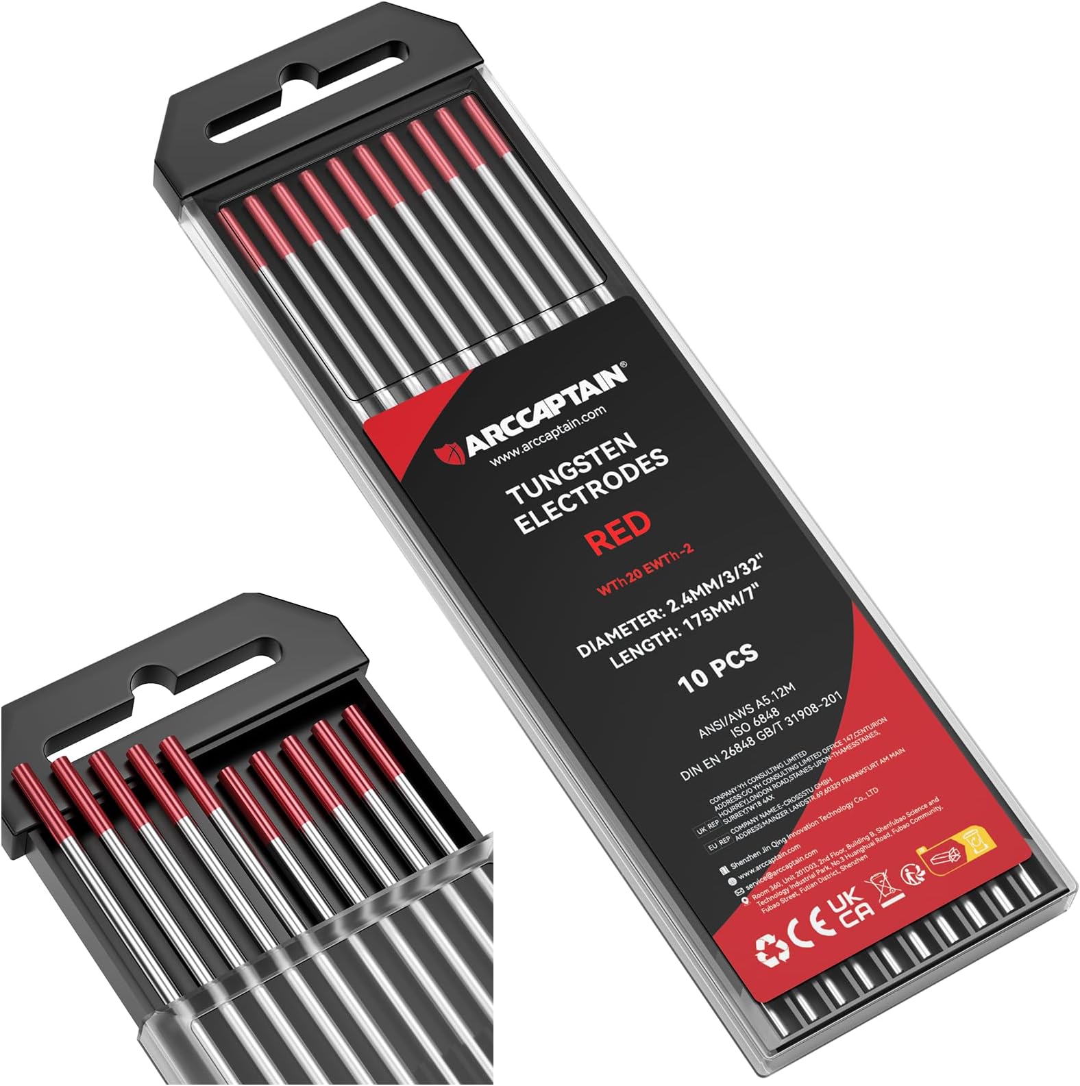 ARCCAPTAIN TIG Welding Tungsten Electrode 10-Pack 3/32"x 7"(Red, WT20/EWth-2)