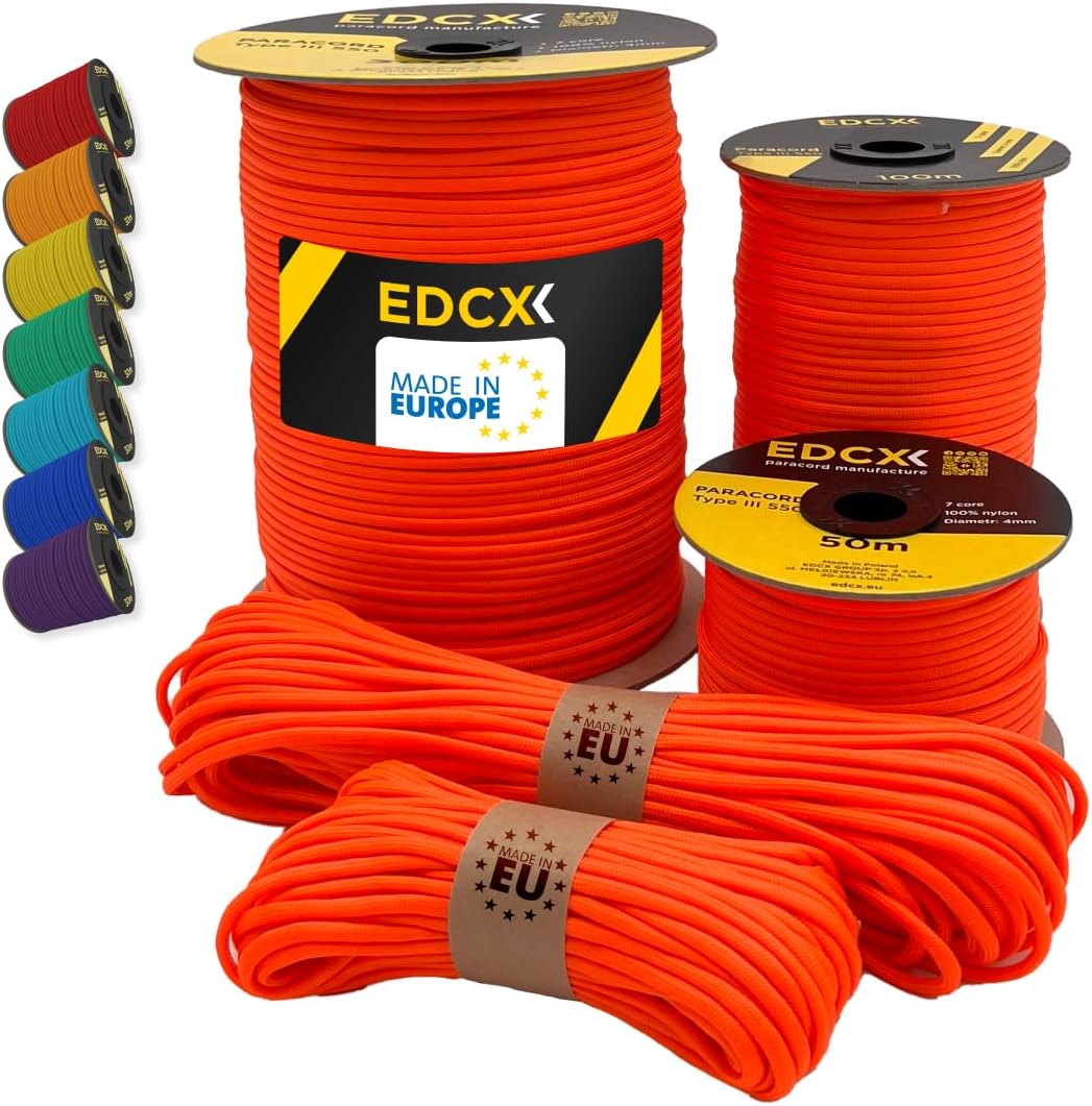 Paracord 4mm, 35+ Solid Colors (10m, 15m, 30m, 50m, 100m, 300m) | Ideal for Crafting, DIY, Camping, Survival, Outdoor | 100% Nylon Rope 4mm | Tactical Cord 550 Type III