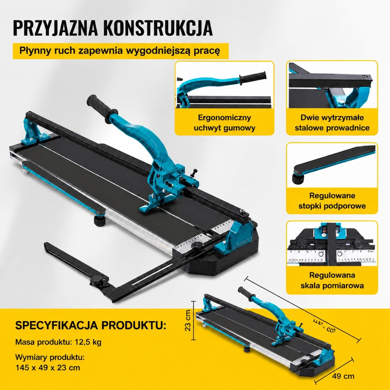Ręczna przecinarka do płytek z aluminium, dwutorową szyną prowadzącą, pozycjonowaniem laserowym, antypoślizgowym uchwytem i regulowaną skalą do płytek ceramicznych i podłogowych