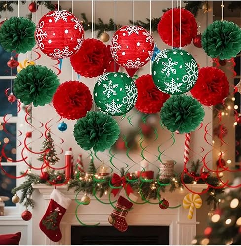 Miniatura 5 de (2 faroles rojos de diferentes tamaños + 2 linternas verdes de diferentes tamaños), adornos decorativos de fiesta de Navidad, adecuados para