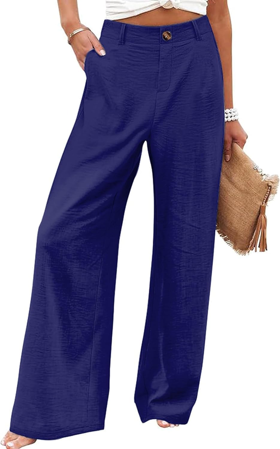 Women's Wide Leg Casual Long Pants High Elastic Waisted in the Back Business Offices Trousers Straight Pants with Pocket