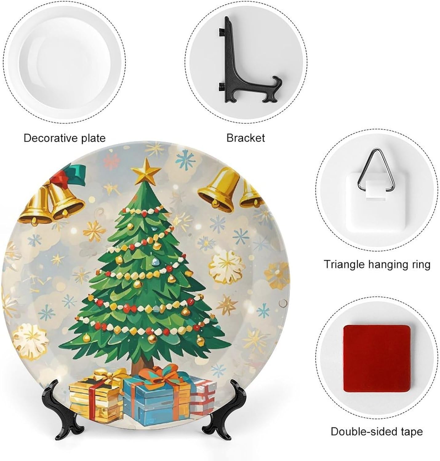Christmas Tree And Bells Decorative Ceramic Plate Round Porcelain Plate Decor Personalized Bone China Decorative Plates Ceramic Ornaments Dessert Plates with Display Stand 8inch
