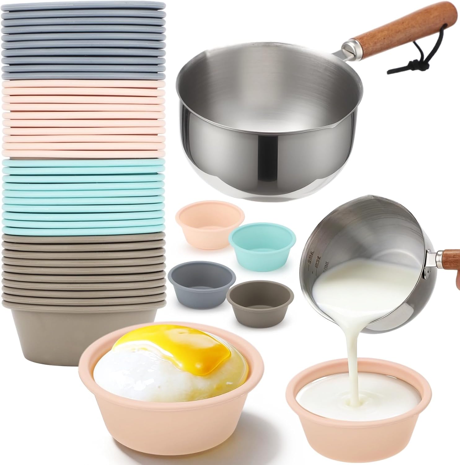 40 PCS Puto Mold Cups for Steamer Filipino with Pouring Measuring Cup, 3 x 1.2 in Reusable Silicone Baking Cups Non Stick, Heat Resistant Steamed Molds for Filipino Puto Muffin Tart Oven Steamer