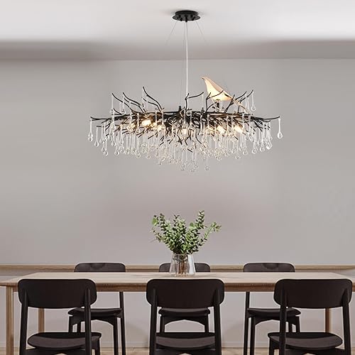 Miniatura 7 de Candelabro circular de rama de árbol D24 pulgadas, 10 luces, moderno y lujoso candelabro de cristal dorado con borla larga para cocina, isla,