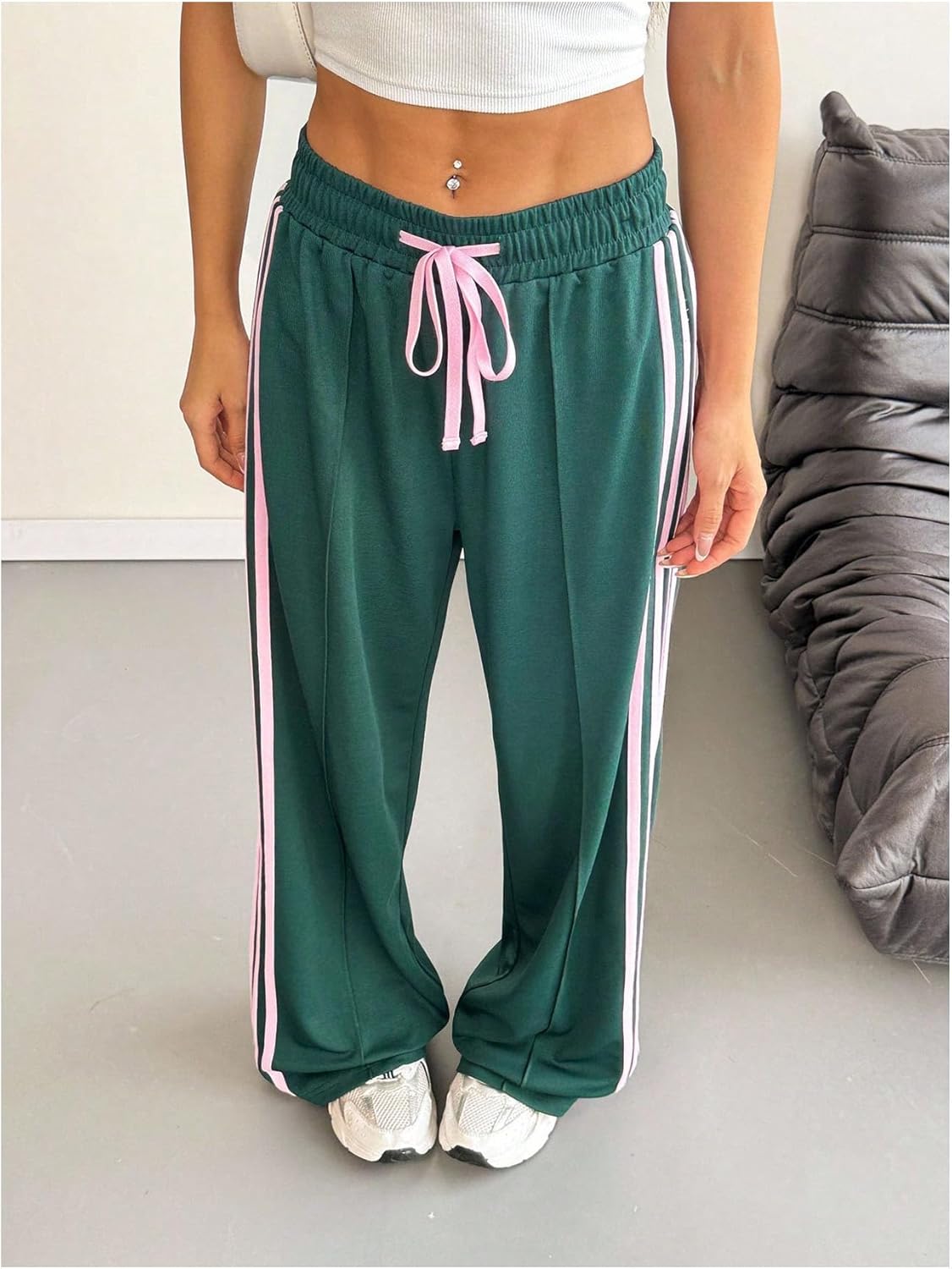 Women's Baggy Sweatpants Y2k Striped Drawstring Waist Wide Leg Stacked Workout Track Pants Streetwear - Image 3