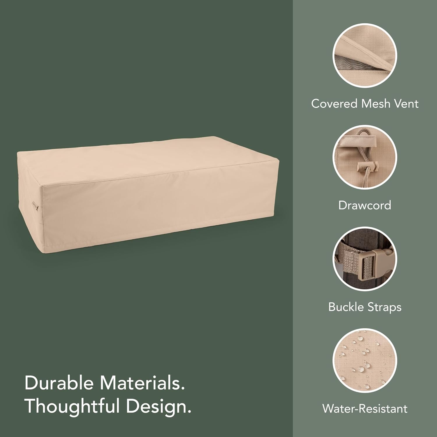 Covermates Ultima Rectangular Accent Table Cover – 600D Ripstop Polyester with Water-Resistant Seams, Mesh Vent & Buckle Straps for Outdoor Patio Furniture Protection, 48W x 28D x 18H, Ripstop Tan