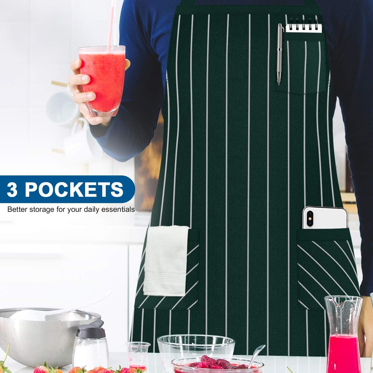 Syntus 2 Pack Adjustable Bib Apron with 3 Pockets Cooking Kitchen Aprons for BBQ Drawing, Women Men Chef, Dark Green/White Pinstripe