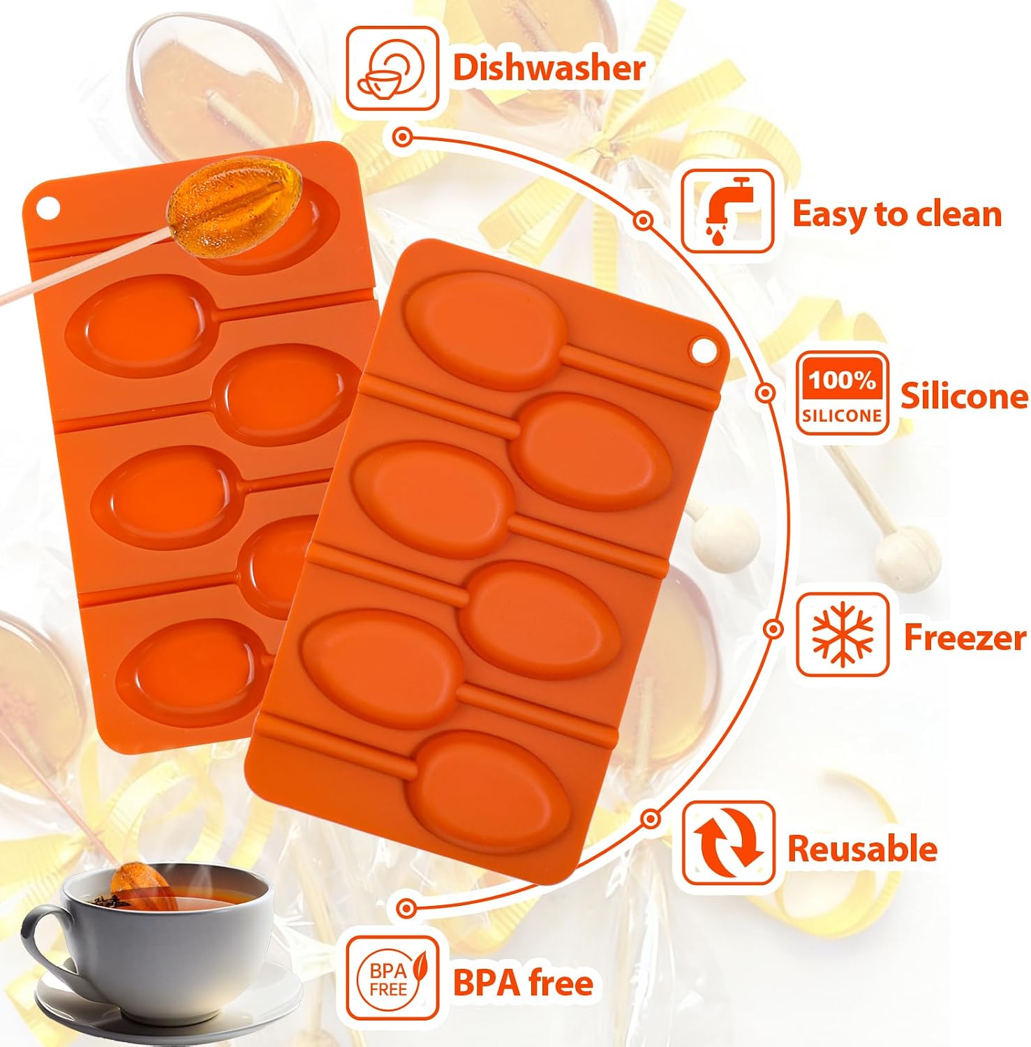 Webake Honey Spoon Lollipop Making Kit, 2pcs Food-Grade Silicone Candy Lollipop Molds with 12 Wooden Sticks, Perfect for Stirring Hot Tea & Coffee