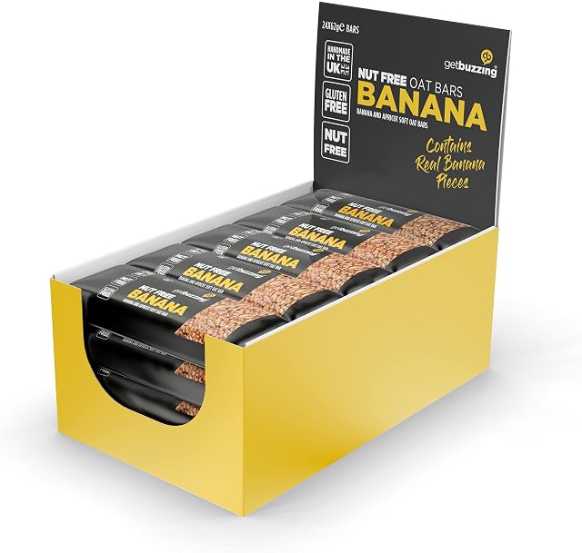 Getbuzzing Nut Free Oat Flapjack - Healthy Snack & Energy Bars - Running, Gym, Cycling Energy - Breakfast Snack - Made in the UK - Banana Pack of 24