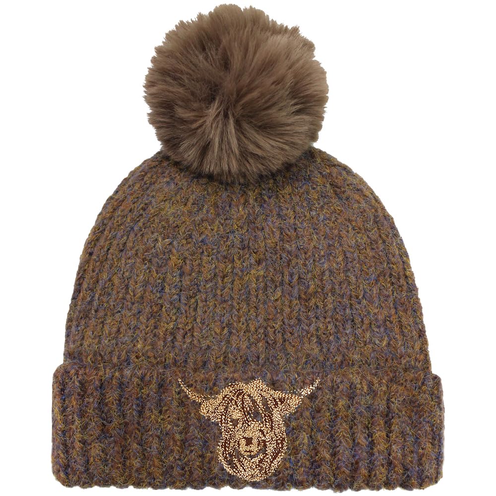 TeddyT's Women's Luxury Highland Cow Embroidered Fleece Lined Bobble Hat Taupe Brown