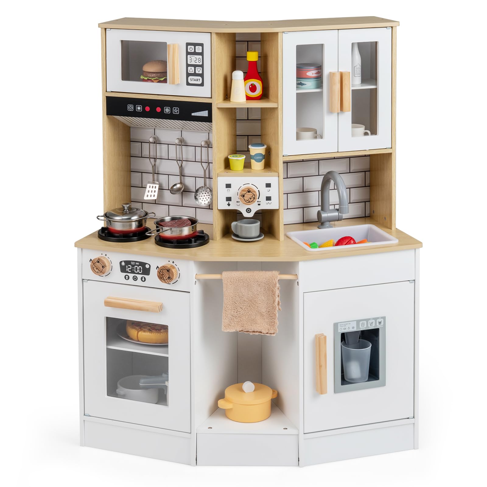 FANTASK Cocina de Juguete de Madera con luz y Sonido, Accesorios de 10 Piezas, Estufa/Fregadero/Horno y electrodomésticos múltiples, Cocina Infantil a Partir de 3 años (Blanco)