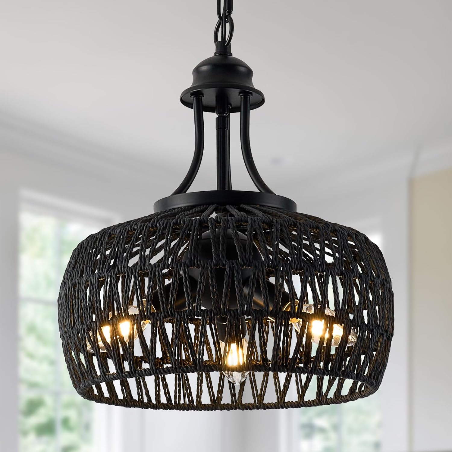 Farmhouse Chandeliers for Dining Room, 3-Light Rustic Ceiling Fixture with Twine Making Lampshade, Adjustable Height Chandelier for Bedroom, Kitchen, Bedroom (Balck) Black 3-Light