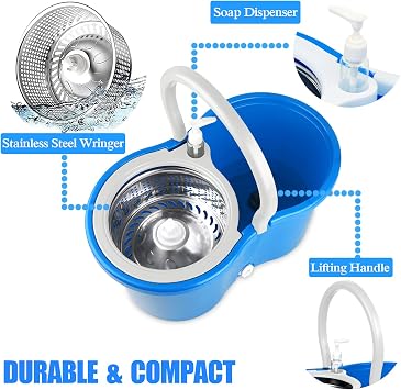 Spin Mop and Bucket with Wringer Set, 3 Mop Heads, 61 Adjustable Handle