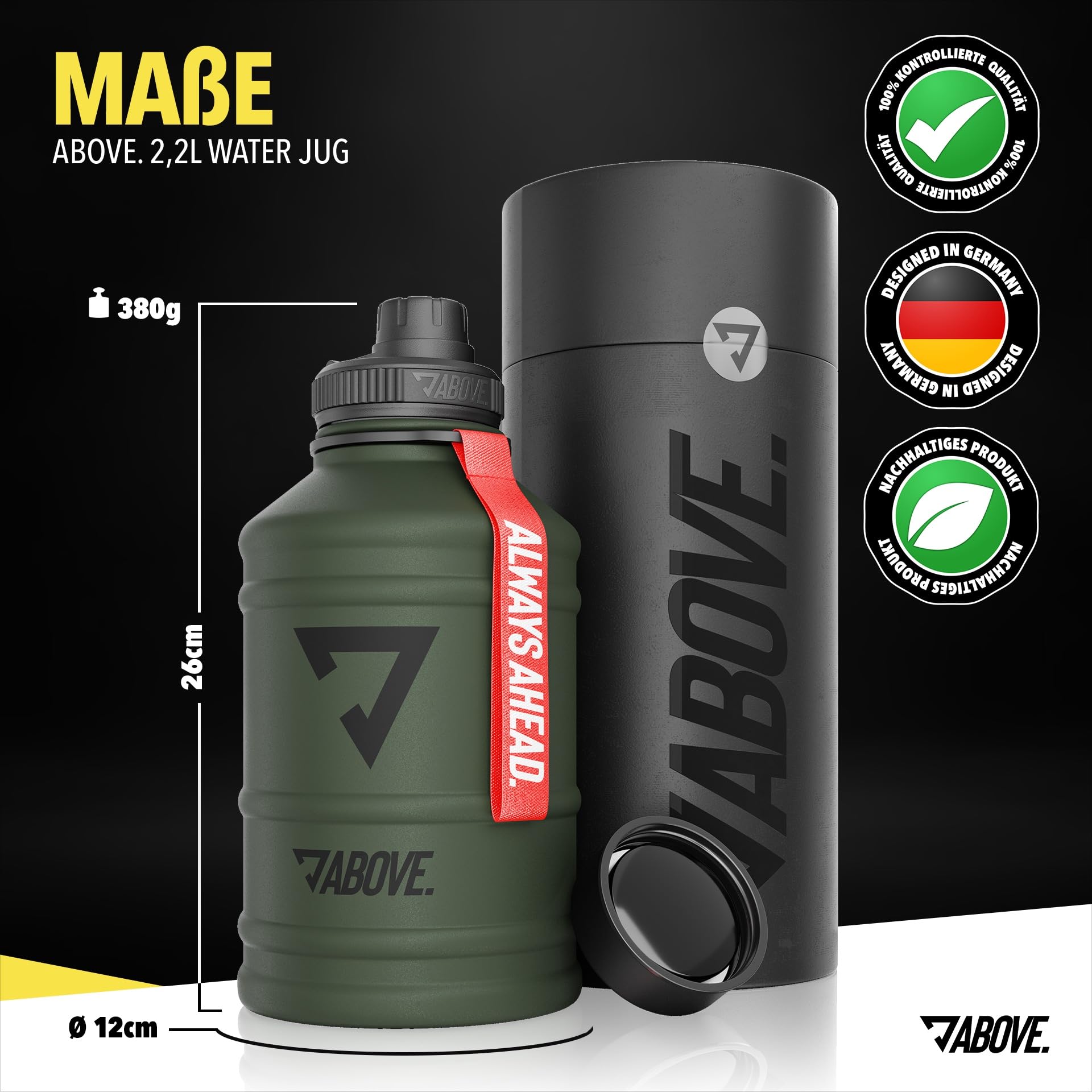 ABOVE. Edelstahl Trinkflasche 1.3L / 2.2L – BPA-frei, Auslaufsicher & Robust – 2L Metallflasche mit Extra Trinkverschluss für Sport, Fitness & Outdoor I hochwertige Geschenkbox