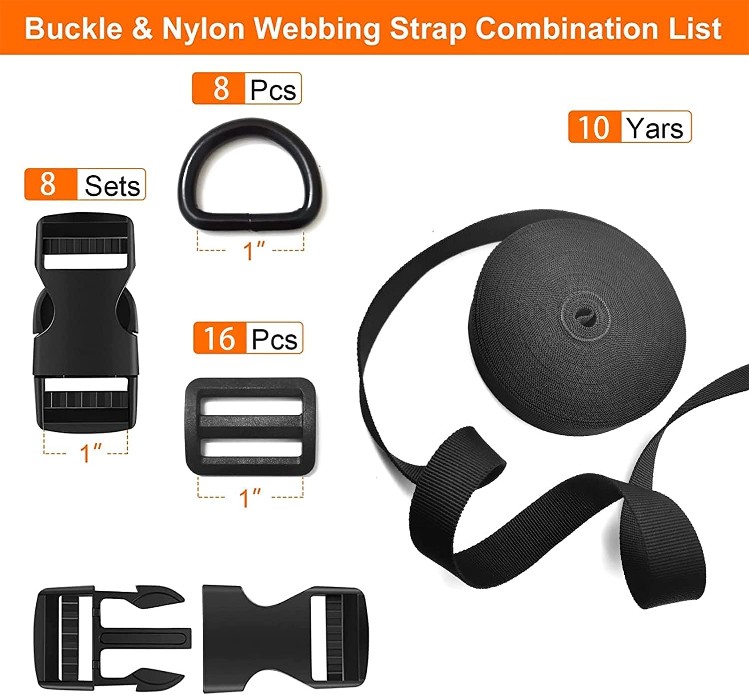 10 Yards 1'' Nylon Webbing Straps 8 Pcs Quick Side Release Buckles for 1inch Strap, 16 Pcs Tri-Glide Slides Flat Plastic Buckle Clips, 8 Pcs Metal D Rings for Backpack Replacement, Heavy Duty Black