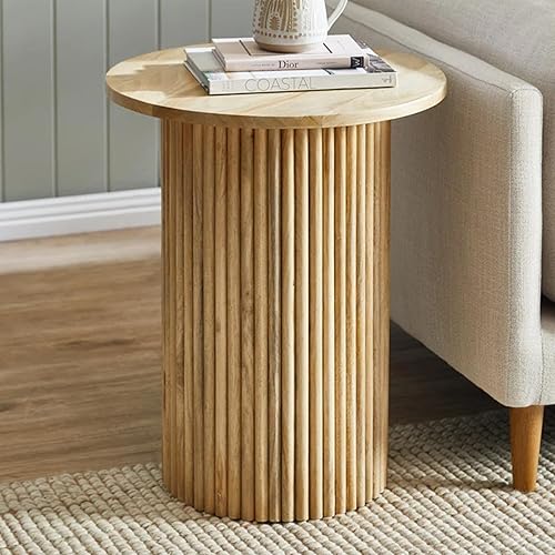 Solid Wood End Table Round 16.93" D, Wooden Accent Drum End Table, Unique Oak Pedestal Side Table, Fully Assembled, for The Living Room and Bedroom