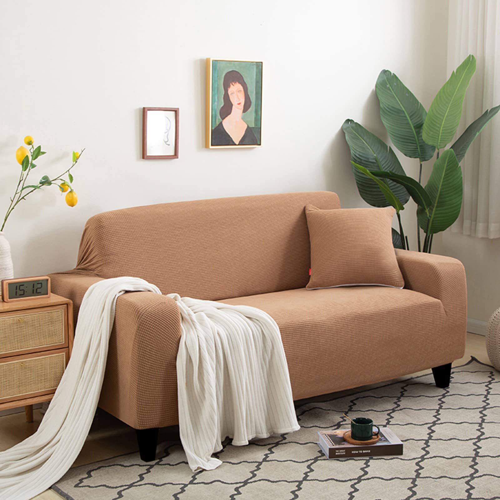 Housse de canapé jacquard extensible antidérapante grand format camel 4 places