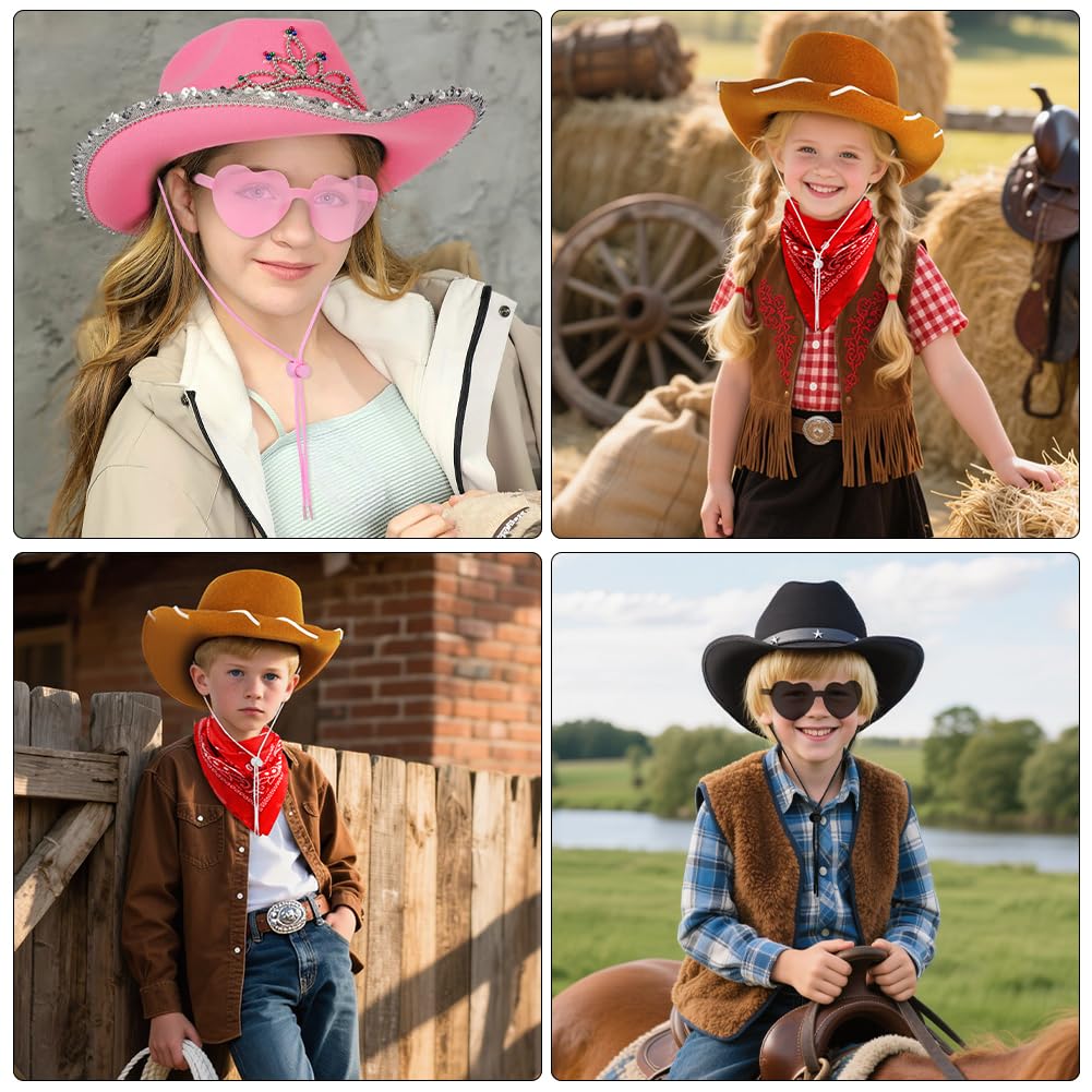 AUYAO Cappello da Cowboy per Bambini, Accessori per Costumi da Cowboy Cappelli, 3PZ Occidentale Cappello per Bambini, con Bandana Occhiali, Western Cappello da Cowgirl per Halloween Feste Carnevale