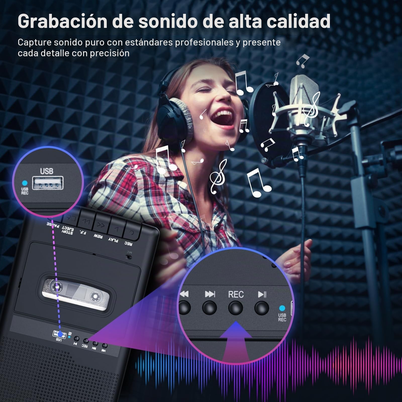 Grabador de Cassette, Reproductor de casetes móvil y digitalizador USB,con Altavoz y micrófono,Mango Extensible, Auriculares