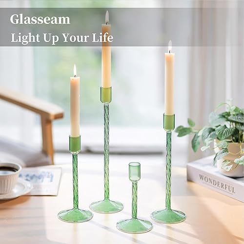 Miniatura 3 de Glasseam Portavelas de cristal verde juego de 4 portavelas alto para velas cónicas modernos portavelas decorativos para centro de mesa, boda,