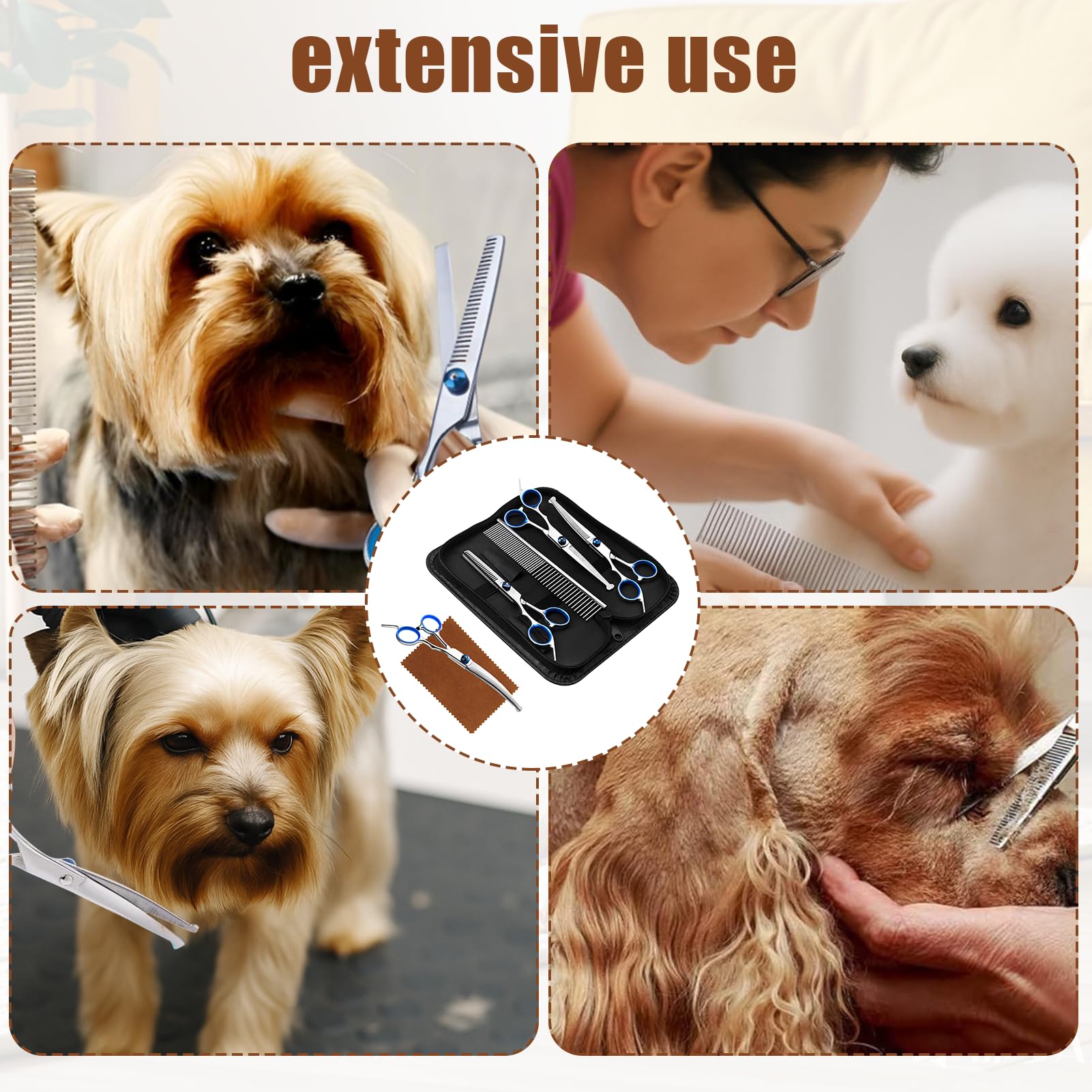 Menibeuty Ciseaux Toilettage Chien Kit, Ciseauxs de Toilettage pour Chiens, Embouts de Sécurité Ronds y Compris Ciseaux à Effiler, Ciseaux Courbes,Ciseaux Droits,Peigne,Ciseauxs Chien Toilettages Bleu
