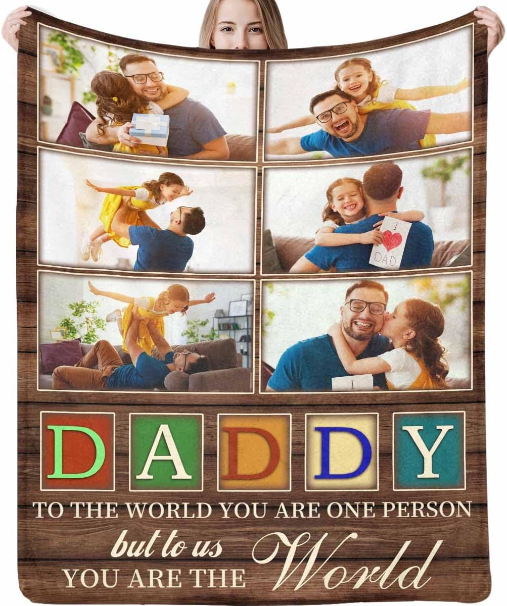Custom Daddy Blanket with Text Picture Collage Daddy to the World You Are One Person 6 Photos Customized Throw Blankets Father's Day Personalized Gifts for Dad from Daughter, Son,Wife 40x50