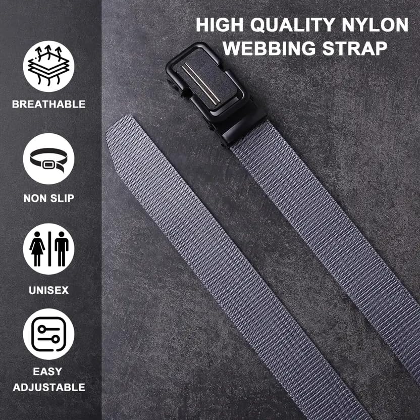Image of TPM Nylon Webbing Belt with Automatic Buckle, Grey, Breathable Non-Slip, Adjustable Unisex