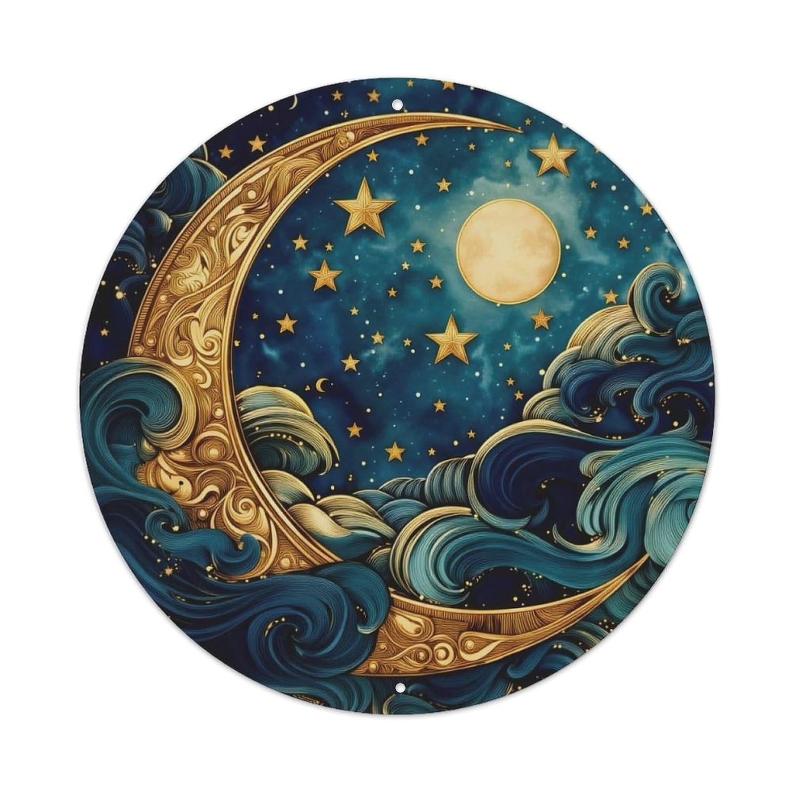Golden Moon Waves Stars Night Metal Tin Sign