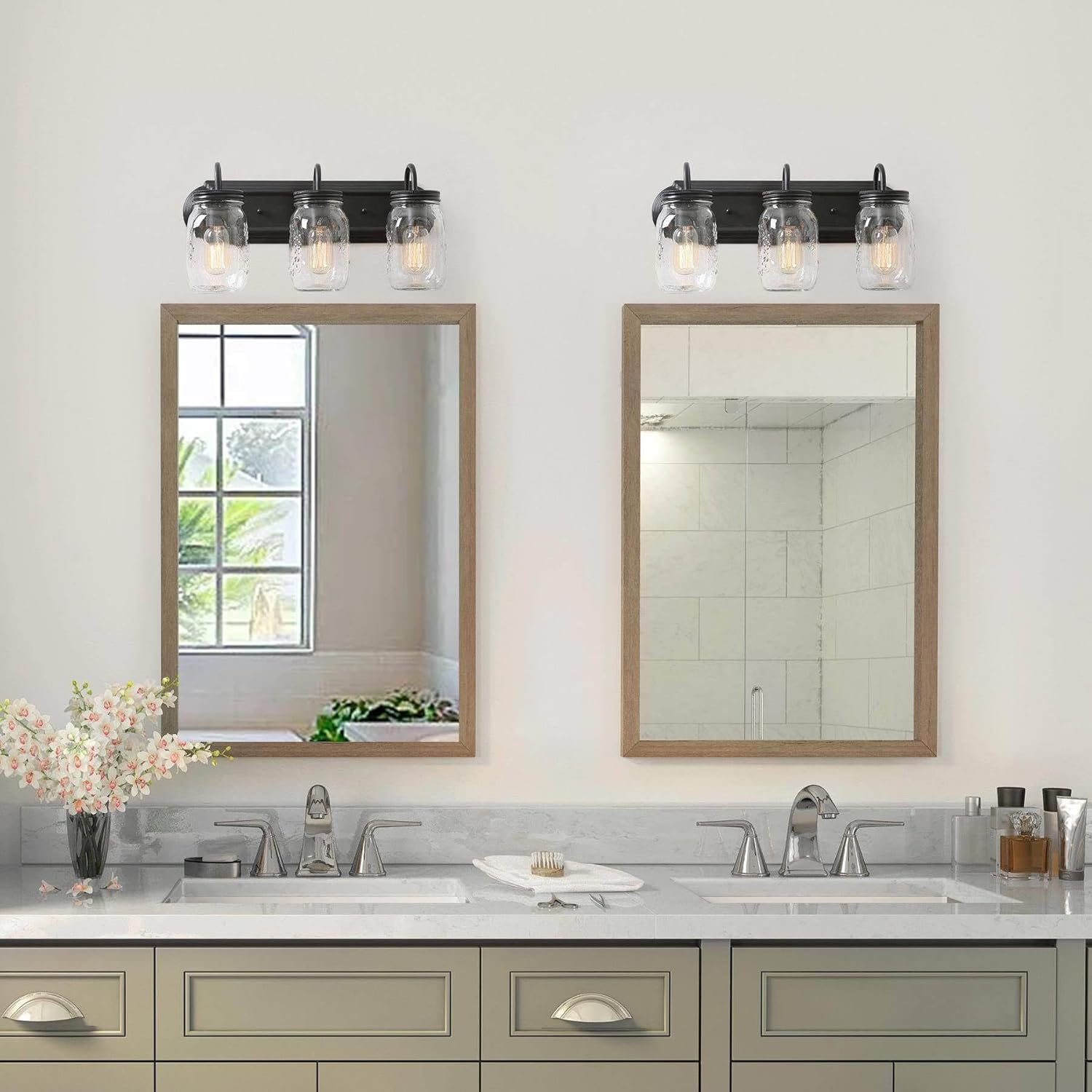 LALUZ Bathroom Vanity Light Fixtures, 3-Light Black Mason Jar Vanity Lights for Bathroom, 19'' Farmhouse Bathroom Lights Over Mirror