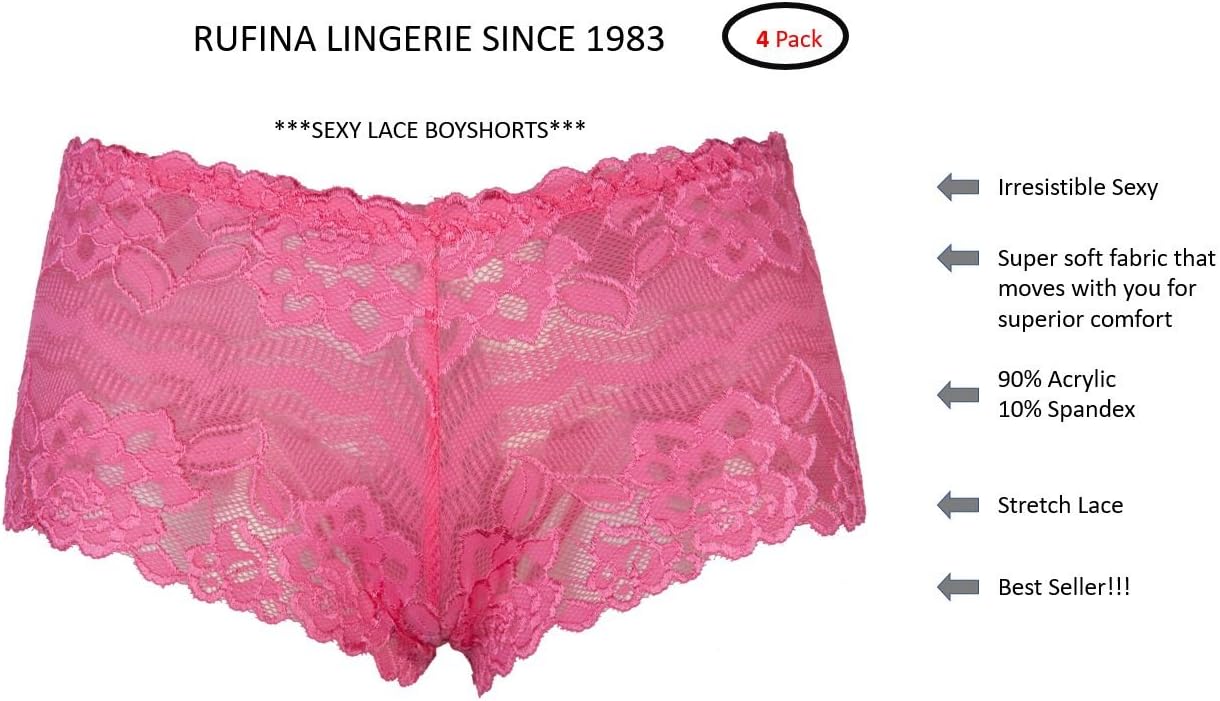 RUFINA #55 - Pack of 4 - Women's Sexy Lace Hip Hugging Boyshort Bikini Panties