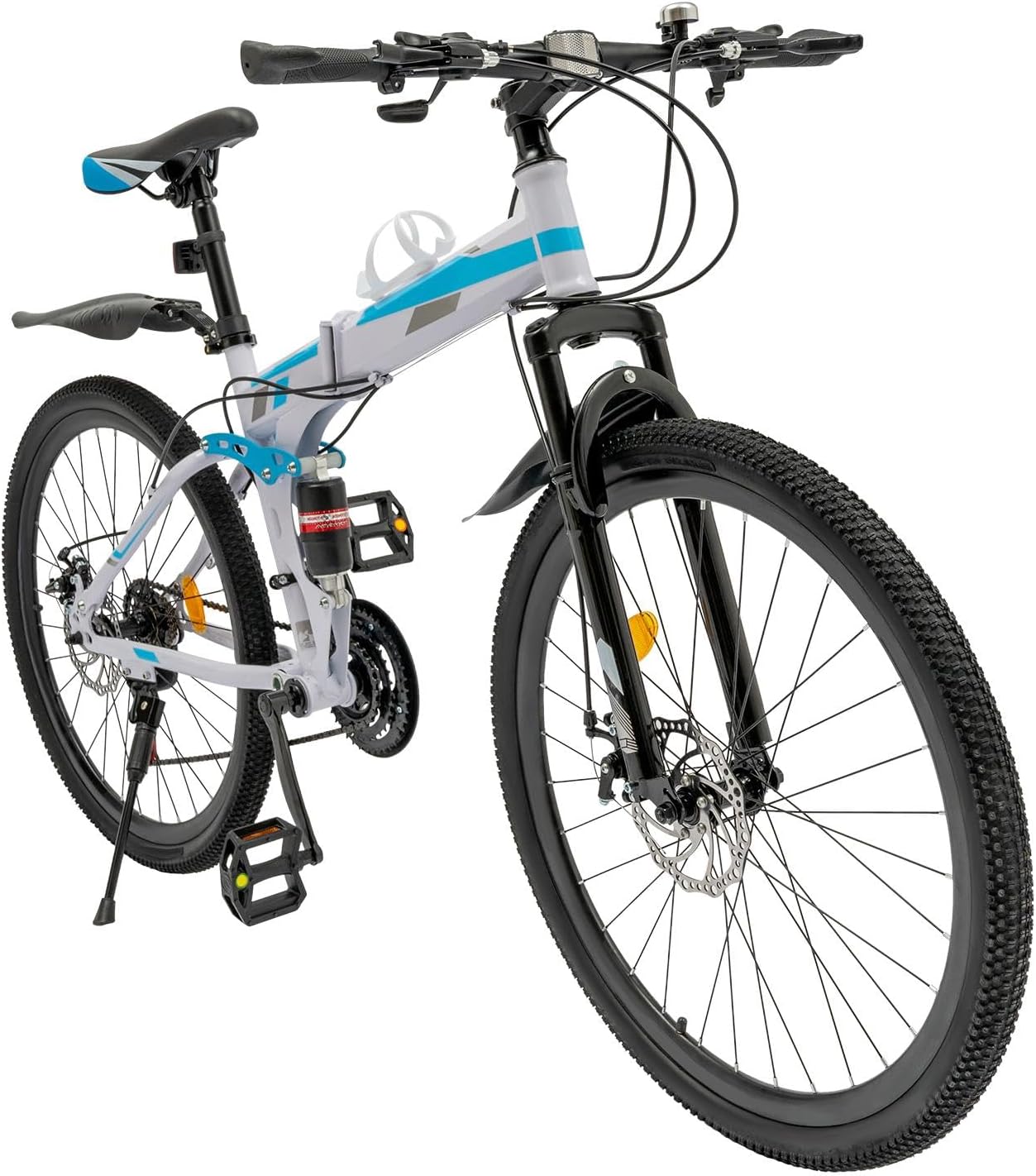 Upgrade Mountain Bike 26 Inch Folding Mountain Bike 21 Speed Folding Bikes for Adults High Carbon Steel Foldable MTB Bicycle Dual Disc Brake Mountain Folding Bike (Blue & White) | US Stock