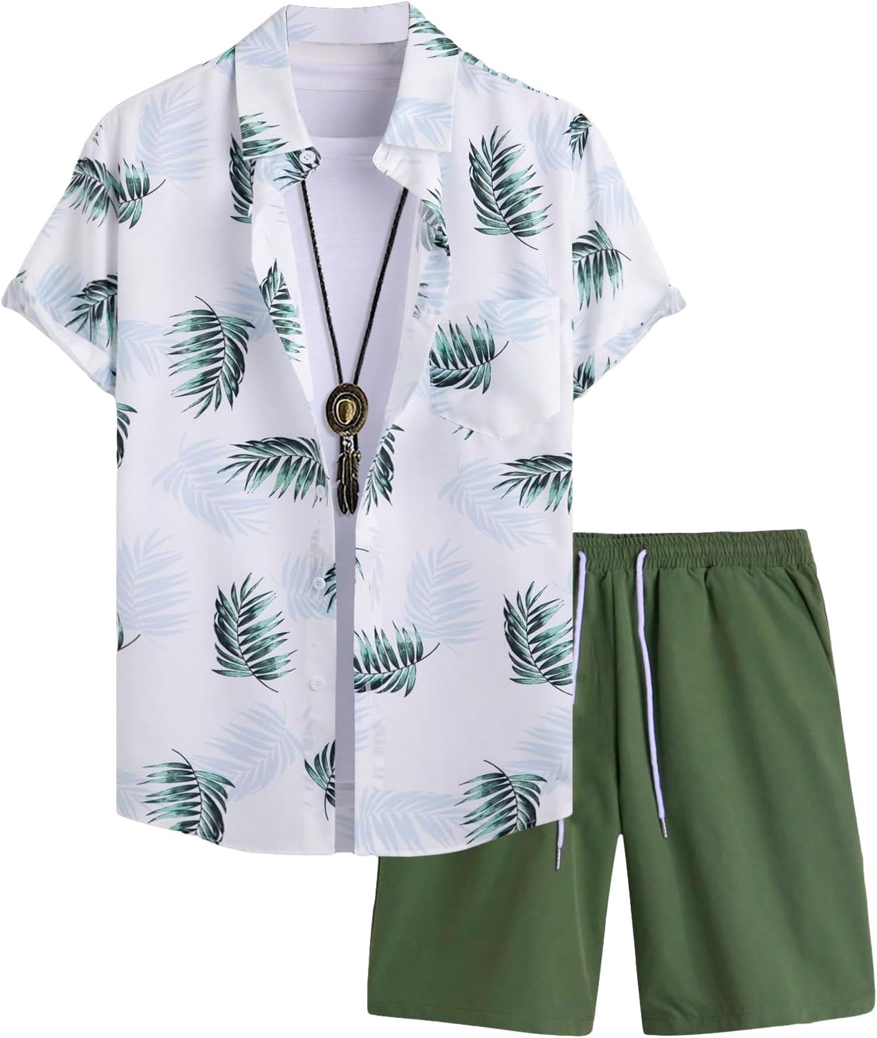 Verdusa Men's 2 Piece Outfit Tropical Print Button Front Shirt and Drawstring Waist Short Sets