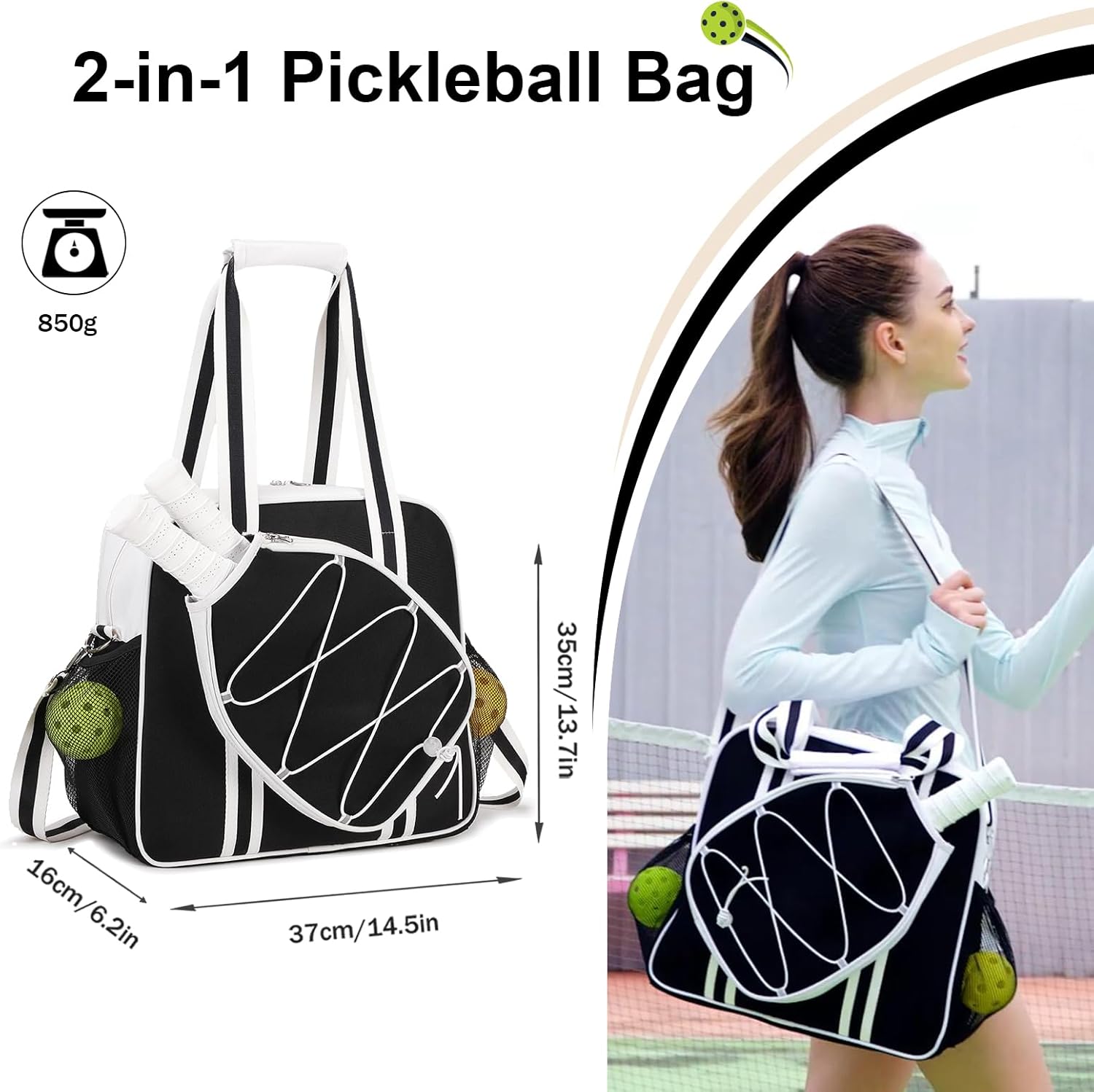 ACESAK Pickleball Bag, Pickleball Bags for Women Men Teens with Waterproof Pocket & Fence Hook, Pickleball Tote Bag