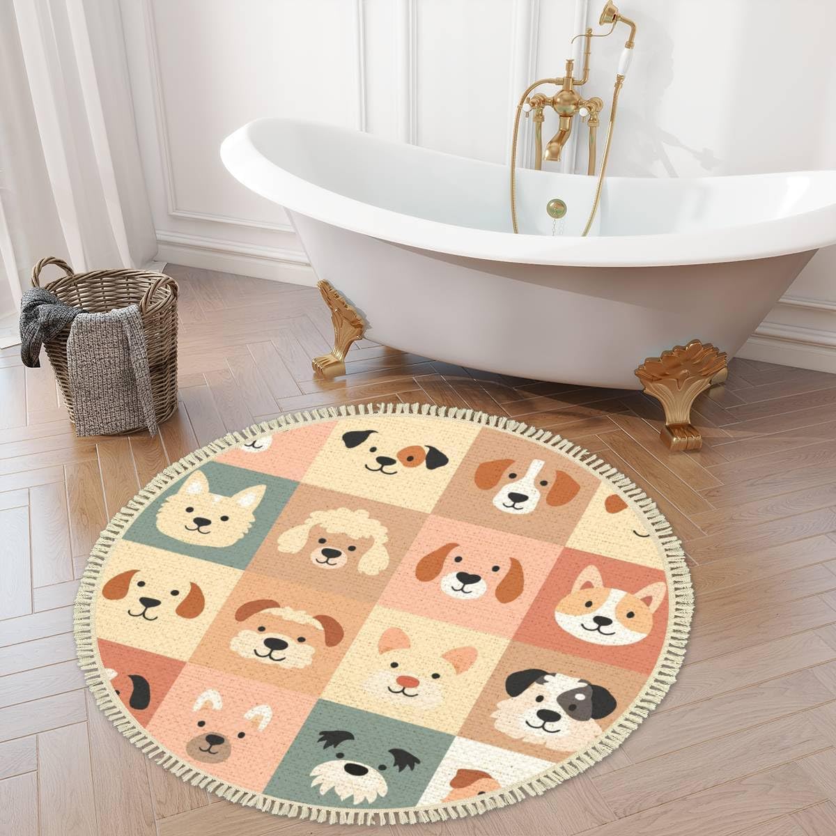 Round Boho Rug Cute Dogs for Kids and Baby Animals Nursery Poster for Greeting Cards Area Rug Linen Rug Carpet Patio Rug 4 ft