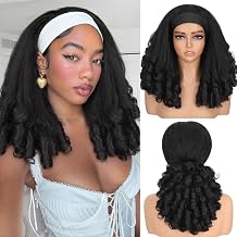 WIGNEE Yaki Curly Headband Wig for Black Women 16 Inch Full Volume Glueless Wear and Go Wig, Lightweight Breathable Synthetic Wig, Changeable Headband, Protects Edges
