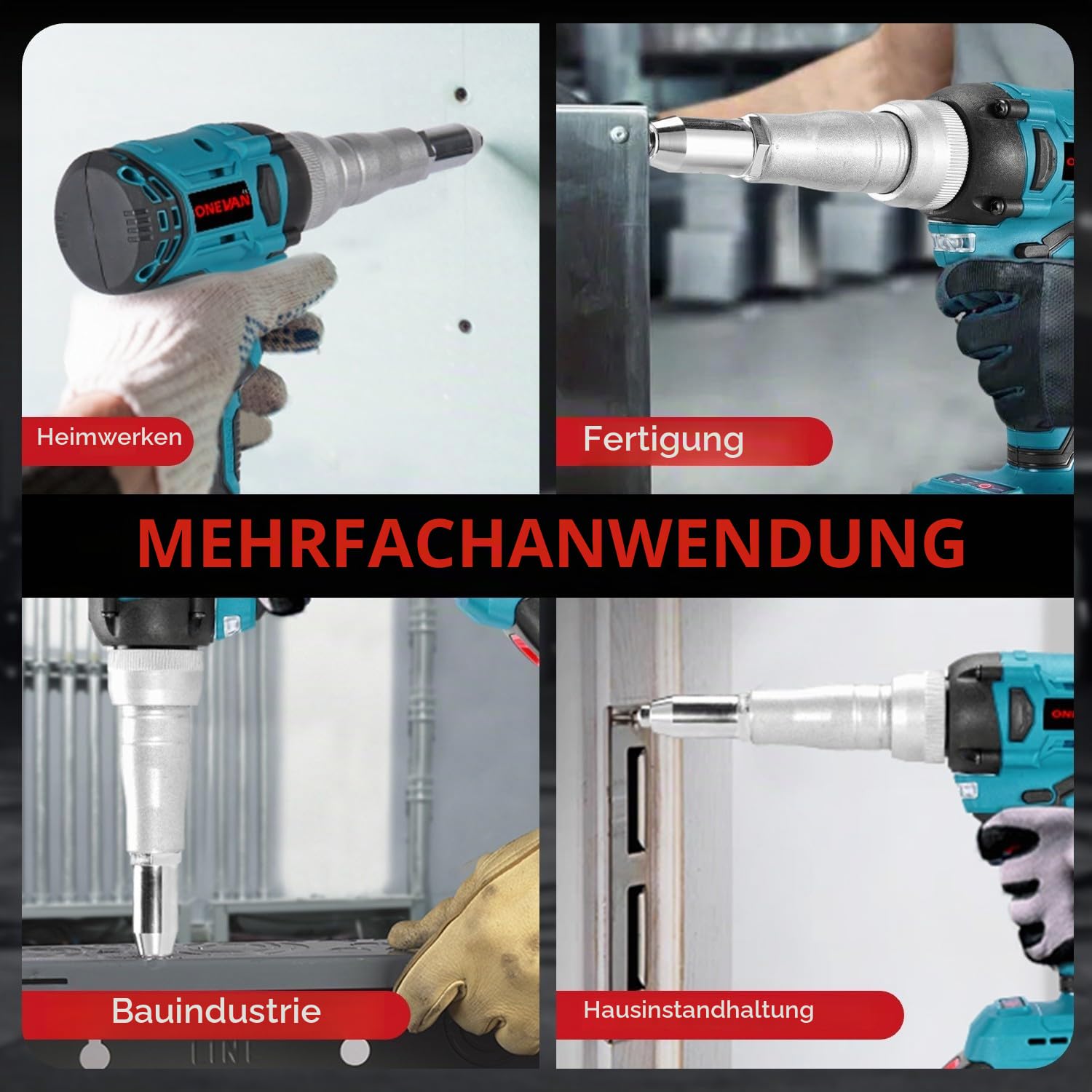 ONEVAN Akku Nietzange 20mm Hublänge für Blindnieten Ø2,4-5,0mm mit 2 Akkus