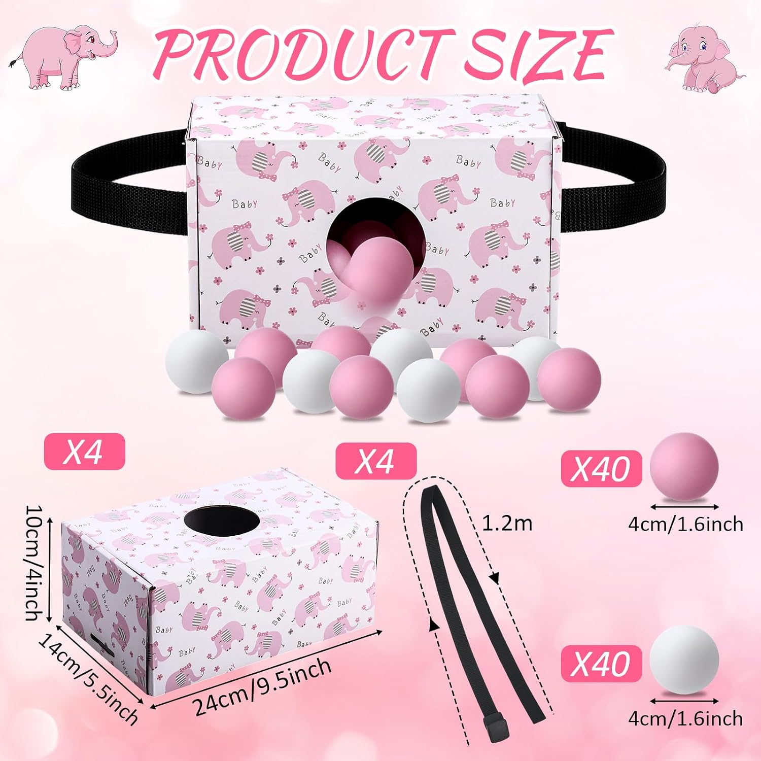 4 Sets Elephant Baby Shower Game Pink Shaking Swing Balls Included 4 Shake Box & 4 Belt & 80 Ball Funny Adult Novelty Twerk Activities Gender Reveal Games Party for Outdoors Indoors image 2