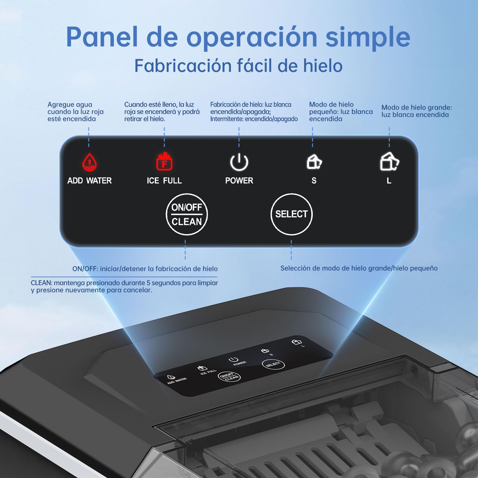 WIE Máquina de Hielo, 1.5L Autolimpiable Máquina para Hacer Hielo, 2 Tamaños de Hielo, 9 Cubitos Listos en 6 Minutos, con Asa, pala y Cesta para Hielo, Ideal para Cocina/Oficina/Bar, Acero Inoxidable