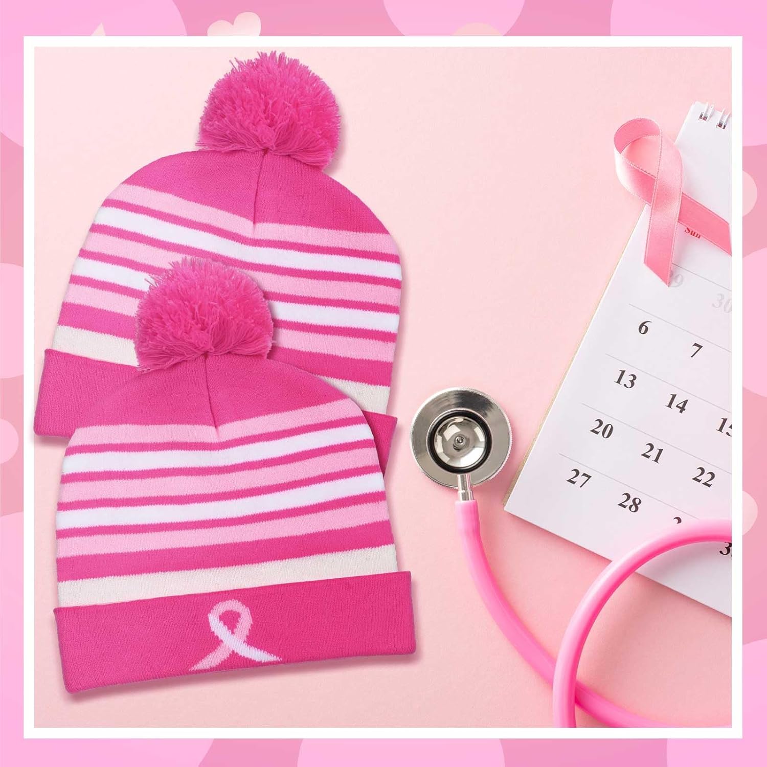 12 Pack Breast Cancer Awareness Beanie Hats Warm Soft Knitted Cuffed Skull Winter Cap for Women Charity Supplies Pink