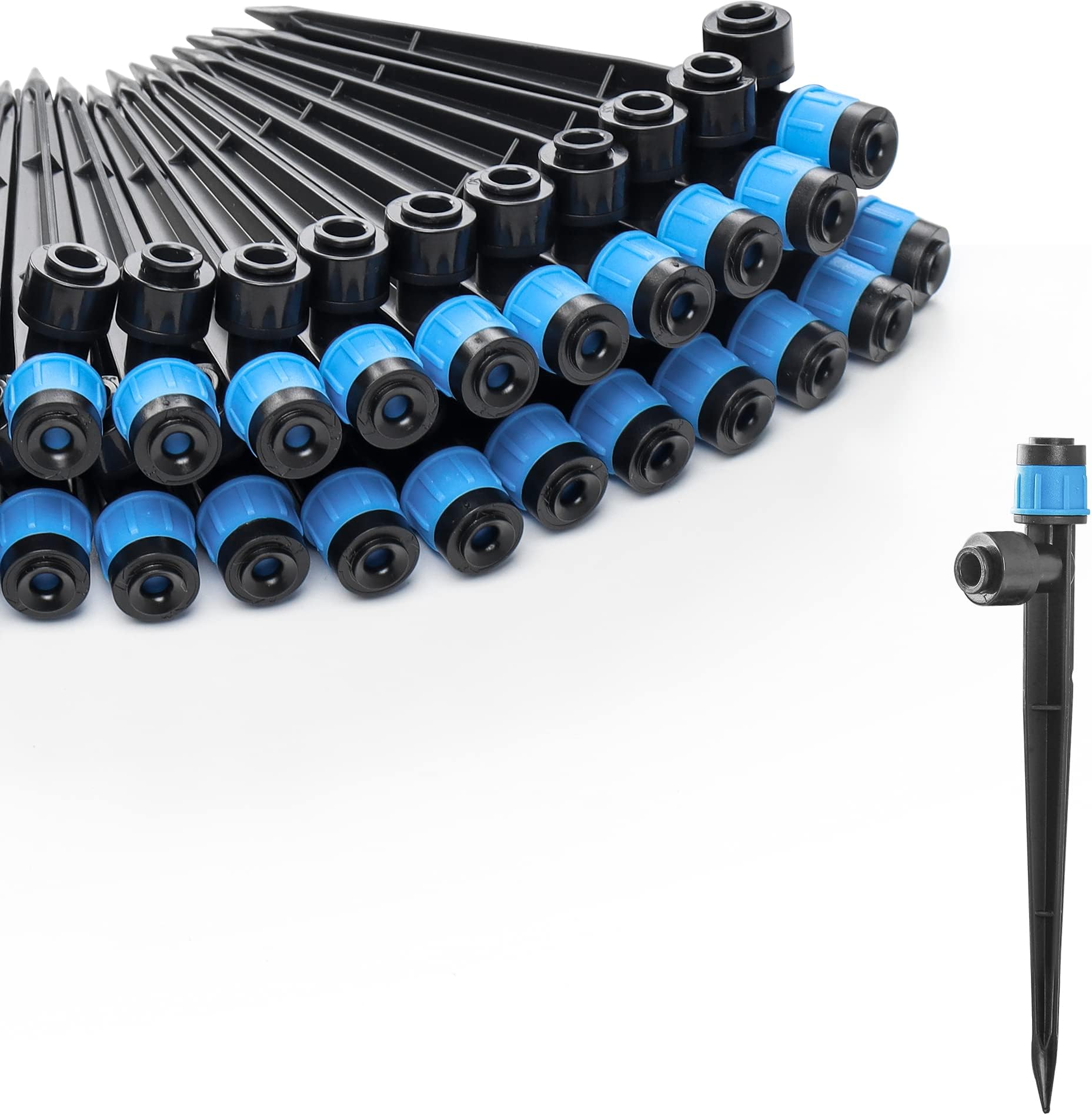 60pcs Quick-Connect Drip Irrigation Emitters Fan Shape for 1/4" Drip Irrigation Tubing - Adjustable Push-to-Connect 360° Drip Emitters Vortex on 6" Sturdy Stake for Irrigation System