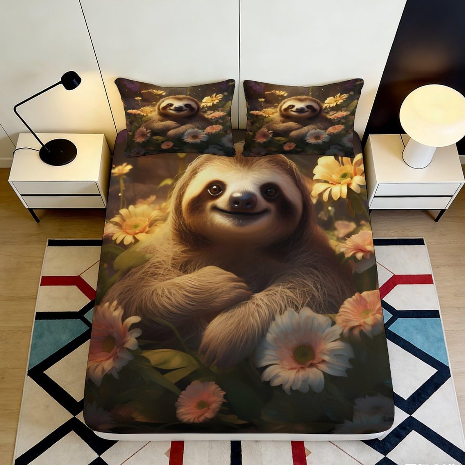 3D Printed Sloth Flower Fitted Sheet Microfiber Anti-Slip Mattress Cover Machine Washable Bedroom Decor 120x200cm 140x200x25cm