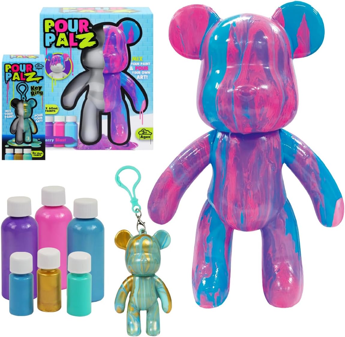 Paint Pour Bear Craft Kit, DIY Paint Pouring Art Set with Large Posable Bear (Berry Blast) & Mini Bear Keyring (Blue), Creative Arts & Crafts Activity for Kids & Adults, Gift Kit, 2 Pcs