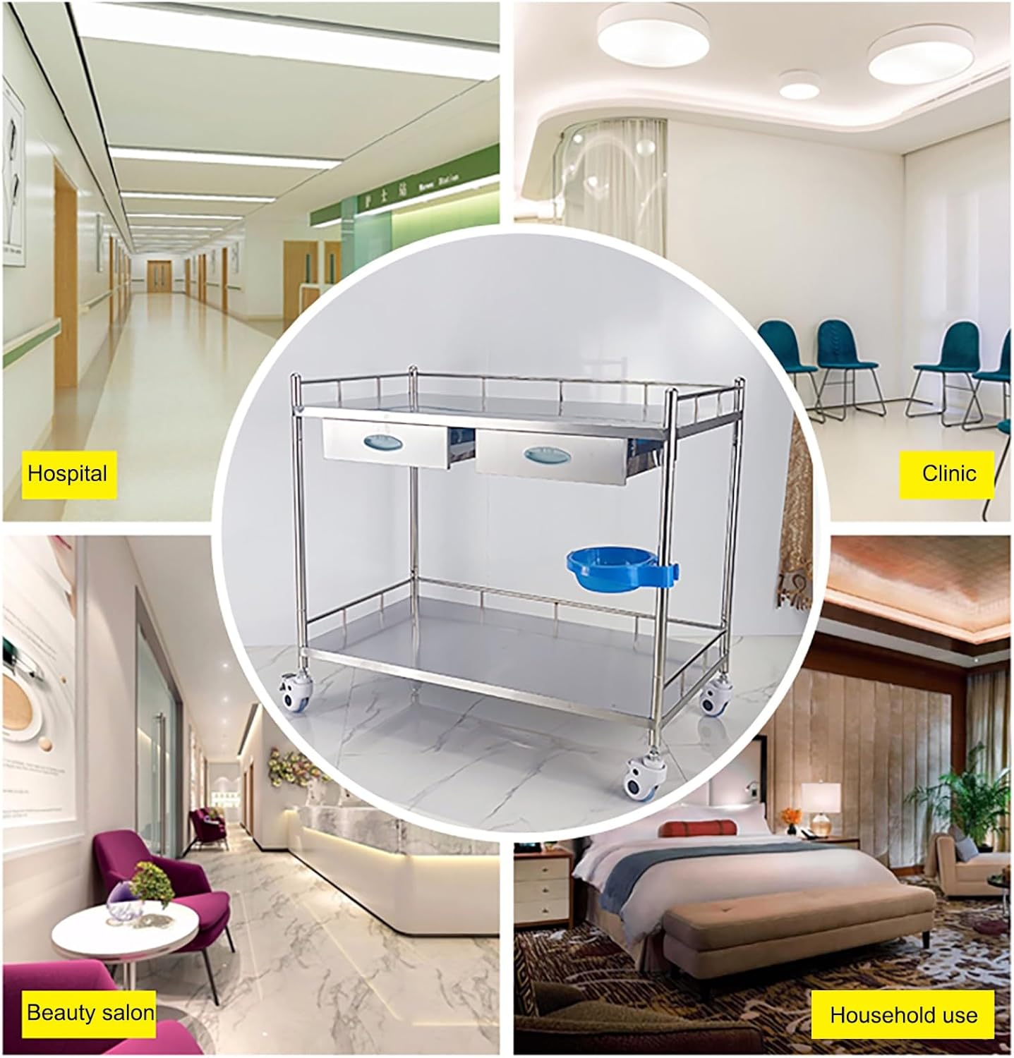 Medical Cart, 2-Shelf lab cart Stainless Steel, Stainless Steel Medical Cart with Two Drawers, with 360° Silent Wheels, for Hospital, Laboratory (One Color 66 * 44 * 86cm/26 * 17.5 * 34 in)