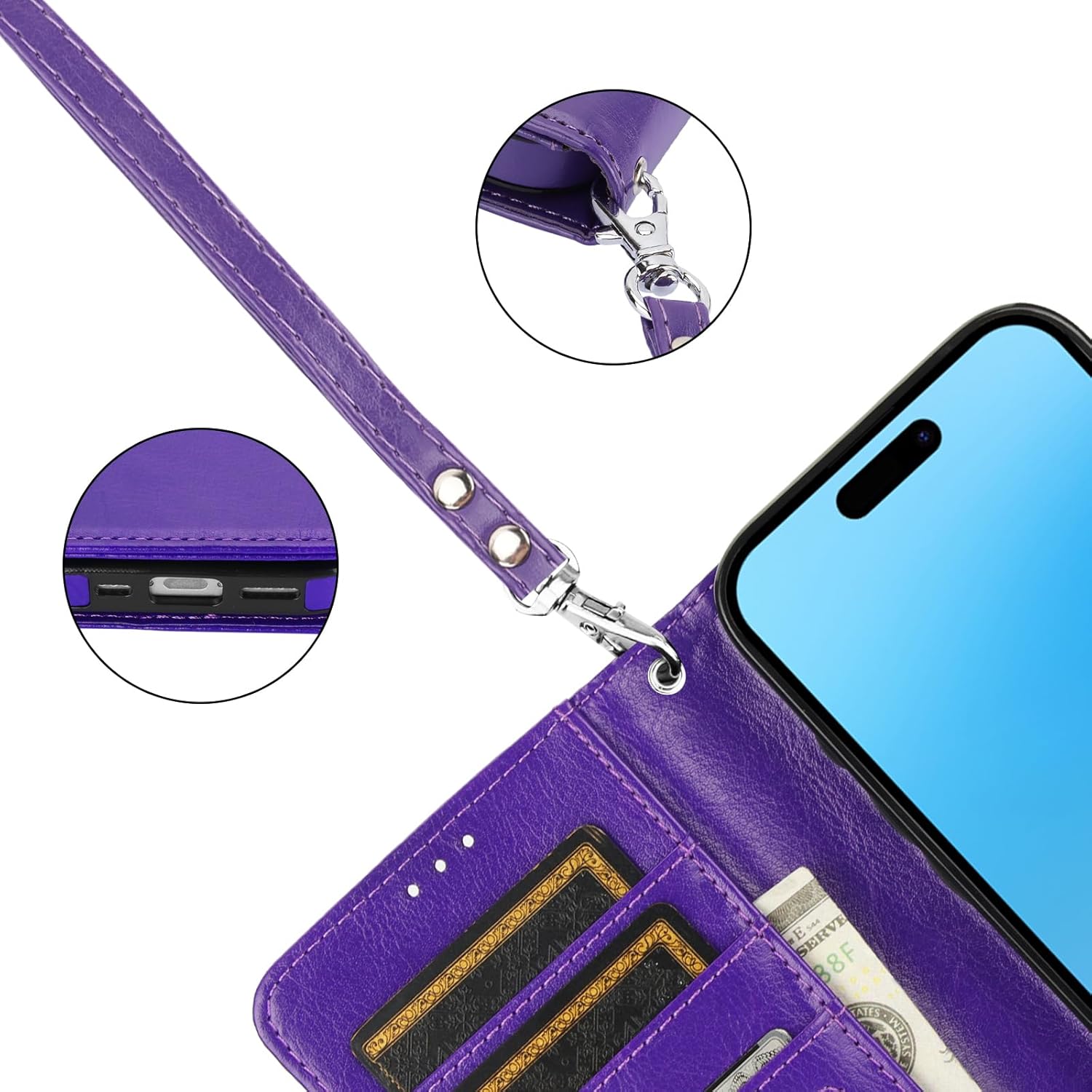 Bocasal Detachable Wallet Case for iPhone 16 Pro RFID Blocking Card Slots Holder Premium PU Leather Magnetic Kickstand Shockproof Wrist Strap Removable Flip Protective Cover 5G 6.3 inch (Purple) - Image 8