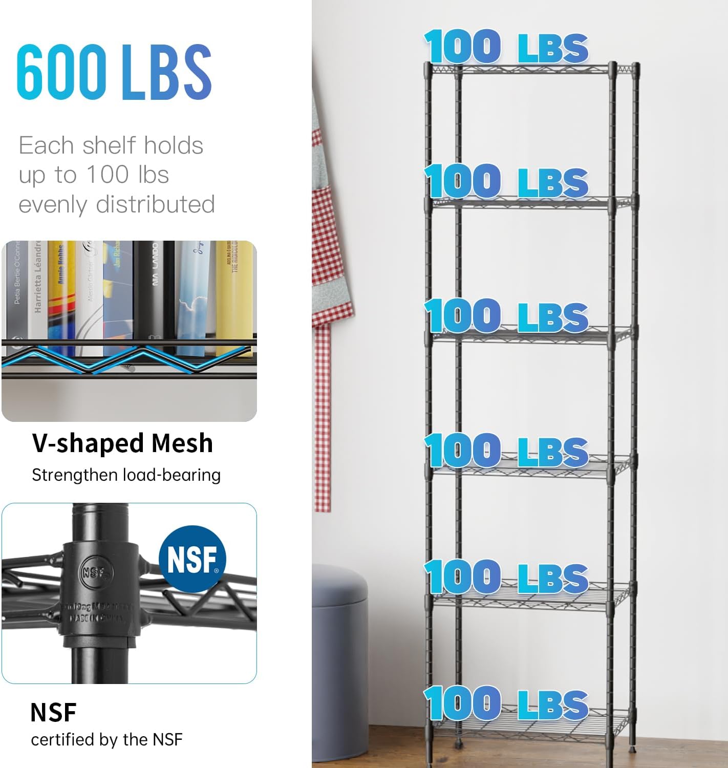 6 Tiers Wire Shelving 12" Dx17 Wx64 H Metal Frame Storage Shelves Easy Setup NSF Certified Storage Shelf Rack Shelf with Leveling Feet for Home Garage Kitchen Pantry, Black - Image 7