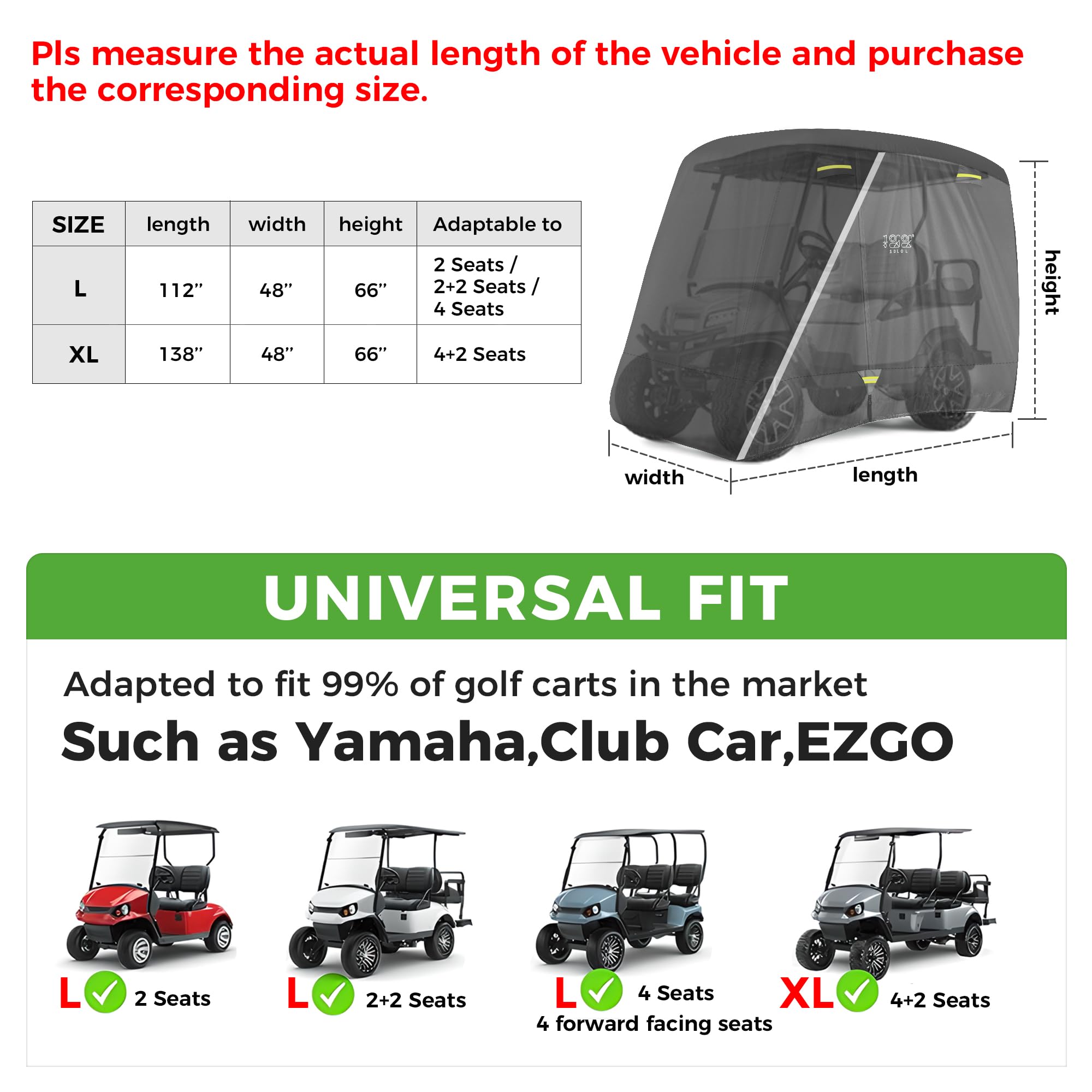 10L0L Golfwagen-Abdeckung für 2/4/4+2 Beifahrer für Yamaha EZGO Club Auto, strapazierfähig, 420D wasserdicht, winddicht, langlebig, Polyester, Golfwagen-Abdeckung mit 3 Reißverschluss-Türen für