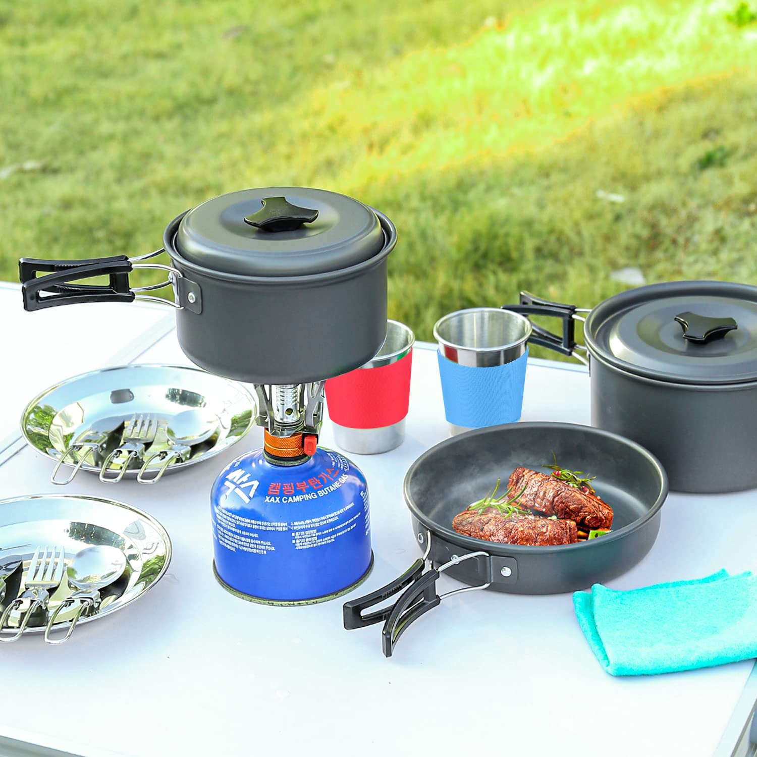 Odoland Pentole Set da Campeggio con Pentole e Padella Tazza Piatti Posate Pieghevoli, Gavette per 1-2 persone Leggero e Compatto per Campeggio Trekking Picnic Escursionismo