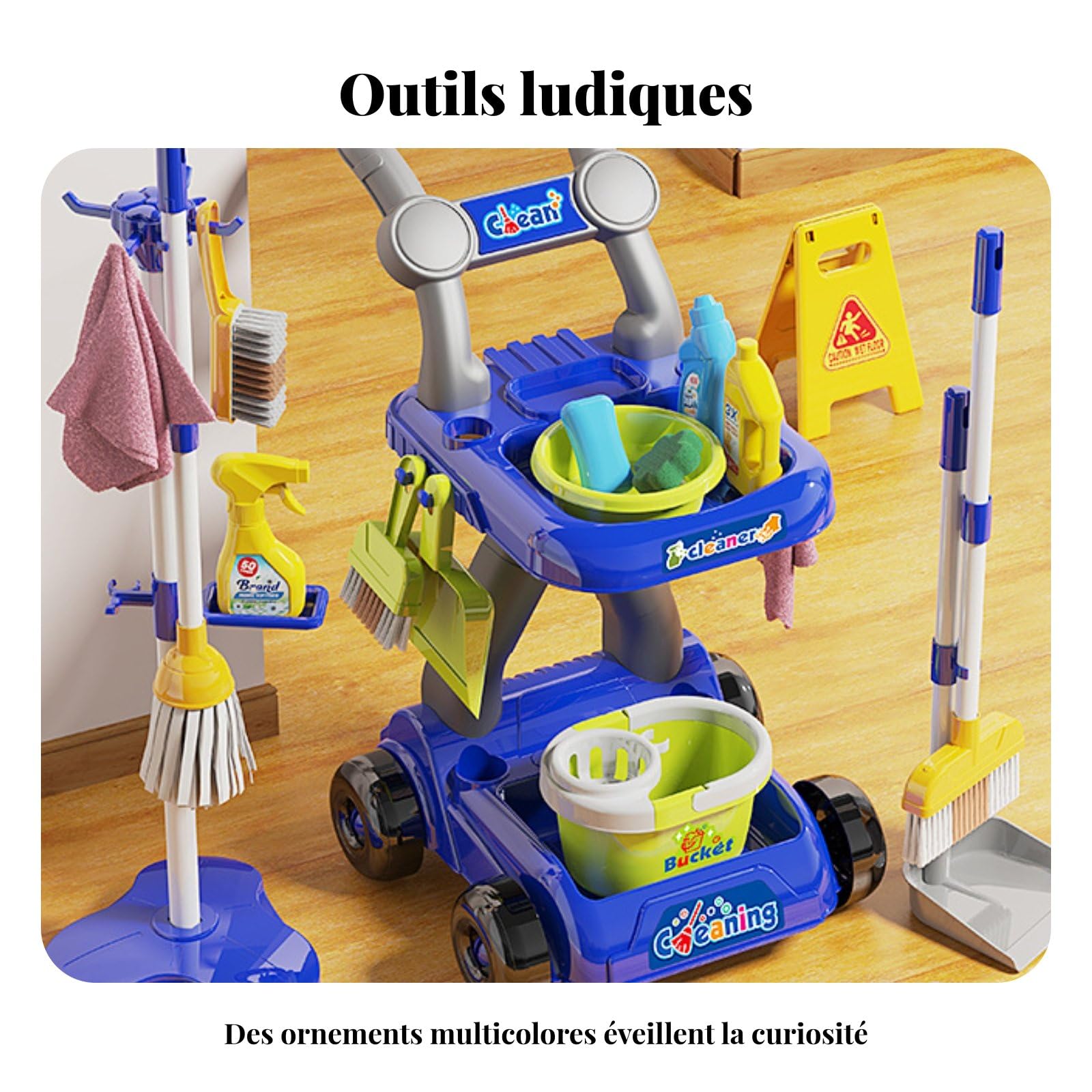 Colcolo Ensemble de Nettoyage pour Enfants Kit de Ménage Jouet avec Support Balai Serpillière Seau Accessoires de Nettoyage Plastique Sécurisé Apprentissage , Bleu , Set Trolley 18pcs
