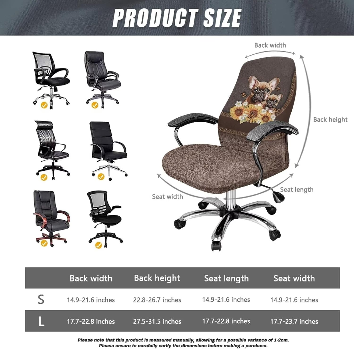 Wanyint French Bulldog Sunflower Brown Home Office Chair Cover for Armrest Chairs Universal Stretchable Rotating Boss Chair Slipcover Chair Protector Cover for Office Chair, L